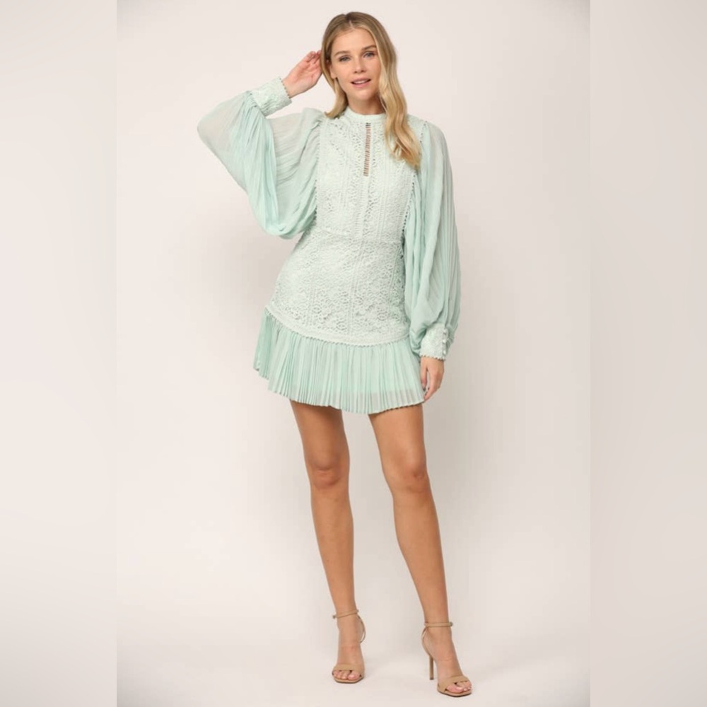 Pleated Volume Sleeve Lace Mini Dress|Statement Long Sleeve Party Dress|S–M